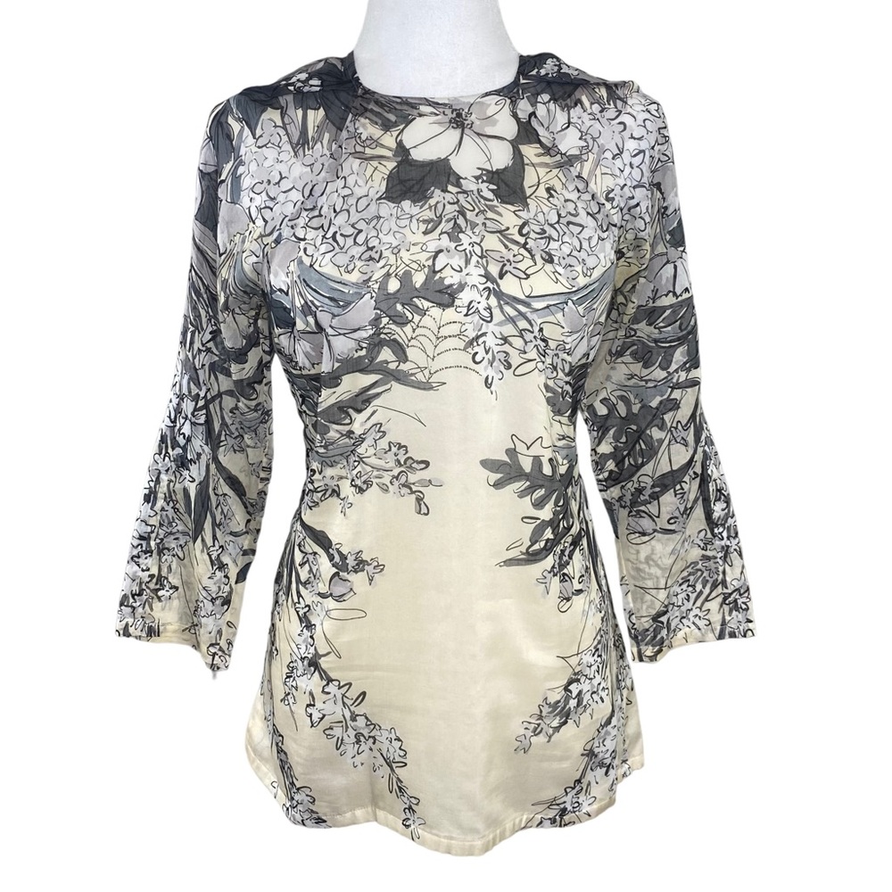 Lela Rose Designer Cream Gray Floral Top 3/4 Sleeve Blouse Size 2 Silk Lined